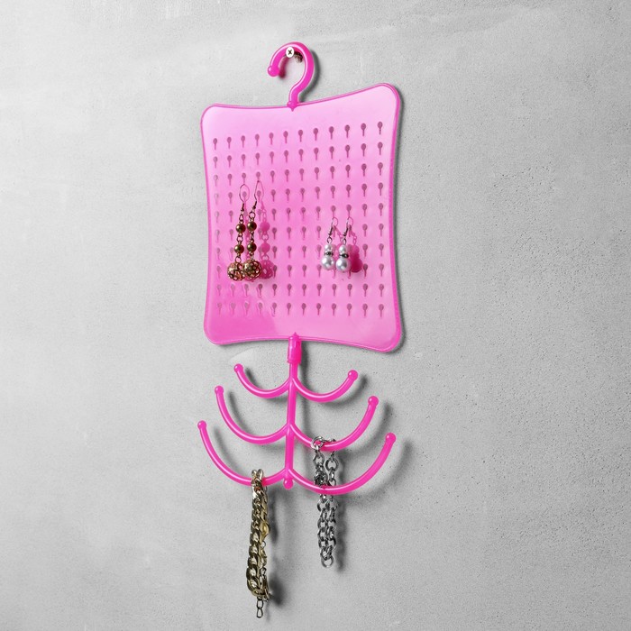 Органайзер для украшений с крючком, 60 пар, 6 крючков, пластик, цвет розовый