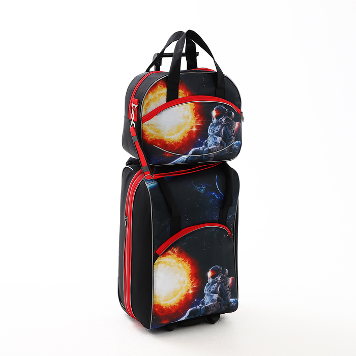 Чемодан на молнии, дорожная сумка, набор 2 в 1, цвет чёрный/красный - Фото 1