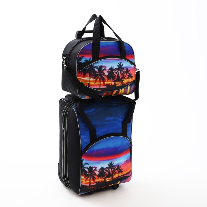 Чемодан на молнии, дорожная сумка, набор 2 в 1, цвет чёрный/разноцветный - Фото 1