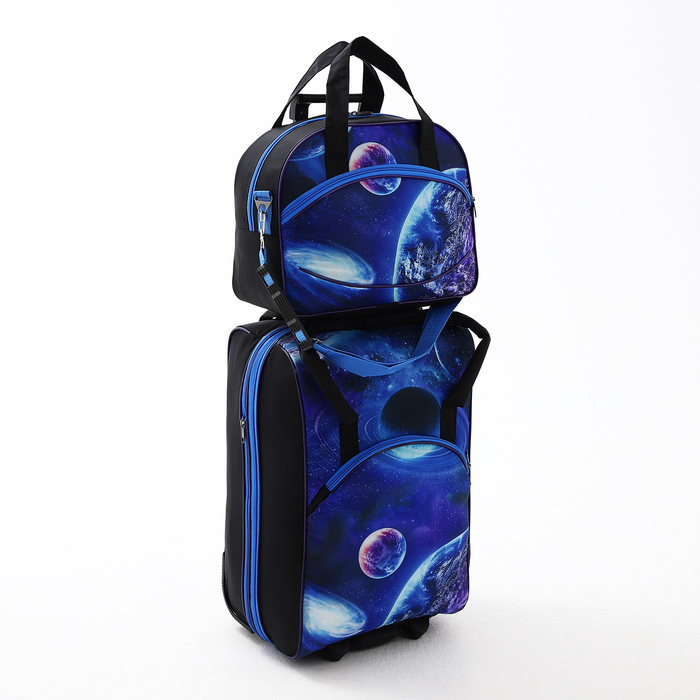 Чемодан на молнии, дорожная сумка, набор 2 в 1, цвет чёрный/синий - Фото 1