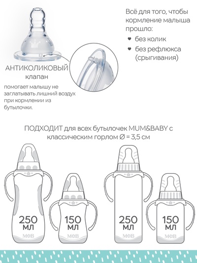 Соска на бутылочку M&B «Корона», антиколиковая, классическое горло, от 6 мес., быстрый поток, 2+1 шт.