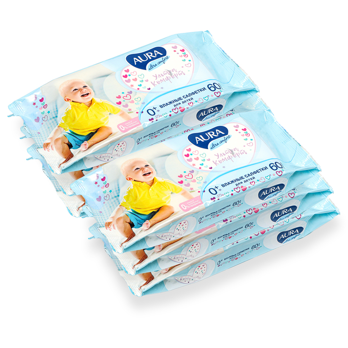 Влажные салфетки Aura Ultra Comfort детские, 6 упаковок по 60 шт - Фото 1