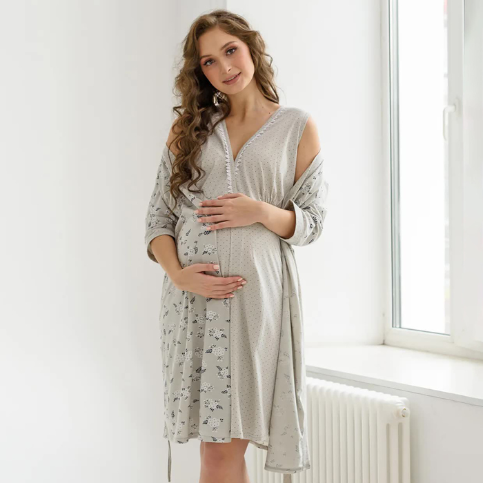 Комплект женский для беременных (сорочка/халат), цвет серый, размер 46 - Фото 1