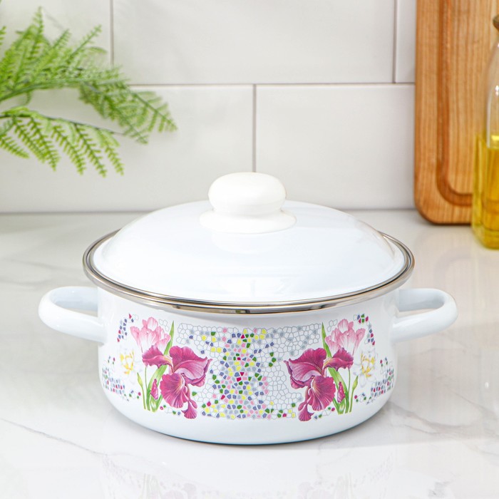 Кастрюля эмалированная «Мозаика», 2 л, d=18 см, индукция, белая - Фото 1