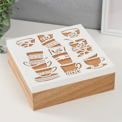 Шкатулка для чая с делениями «Коллекция чашек», дерево, 23.3×23.3×8 см