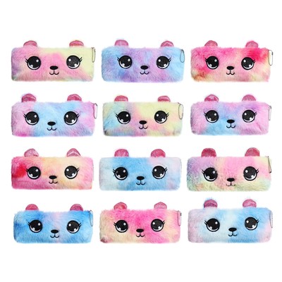 Пенал школьный меховой на молнии Calligrata «Мишка», пушистый, с ушками, МИКС