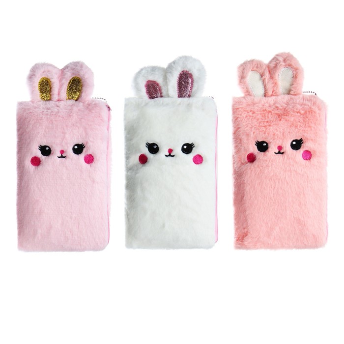 Пенал школьный меховой на молнии Calligrata «Зайка», пушистый, с ушками, МИКС - Фото 1