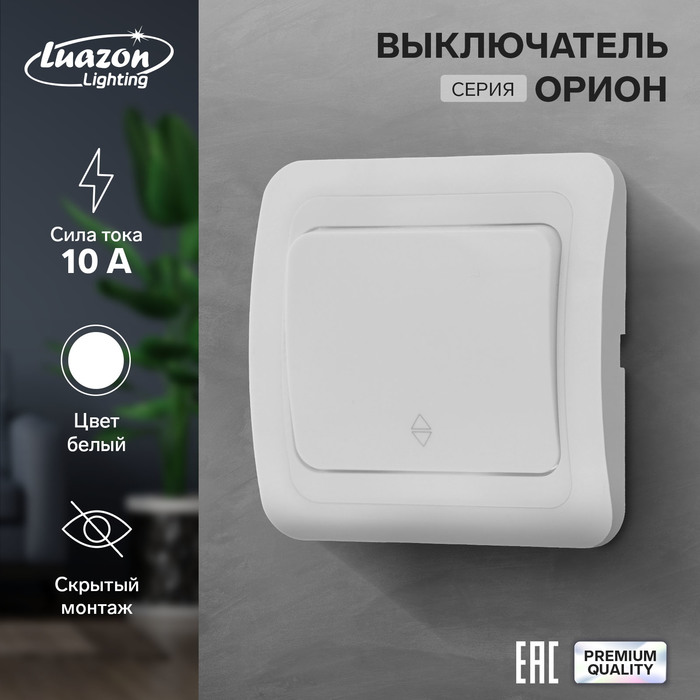 Выключатель проходной Luazon Lighting "Орион", 10 А, 1 клавиша, скрытый, белый - Фото 1