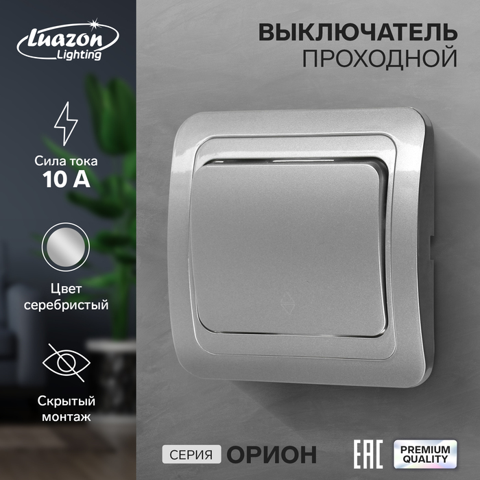 

Выключатель проходной Luazon Lighting "Орион", 10 А, 1 клавиша, скрытый, серебристый