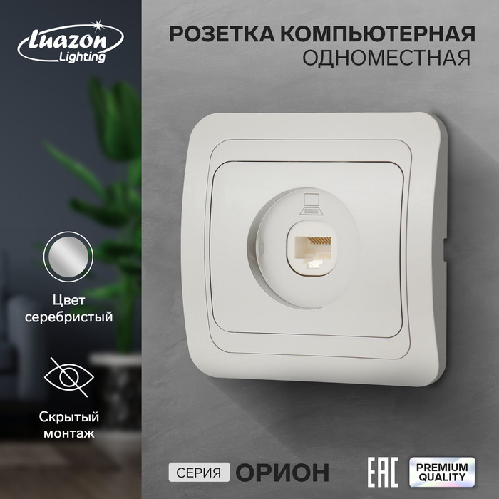 Розетка компьютерная Luazon Lighting «Орион», скрытая, IP20, одноместная, серебристая - Фото 1