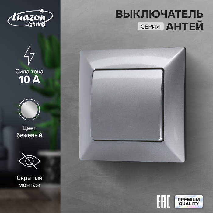 

Выключатель Luazon Lighting "Антей", 10 А, 1 клавиша, скрытый, серебристый