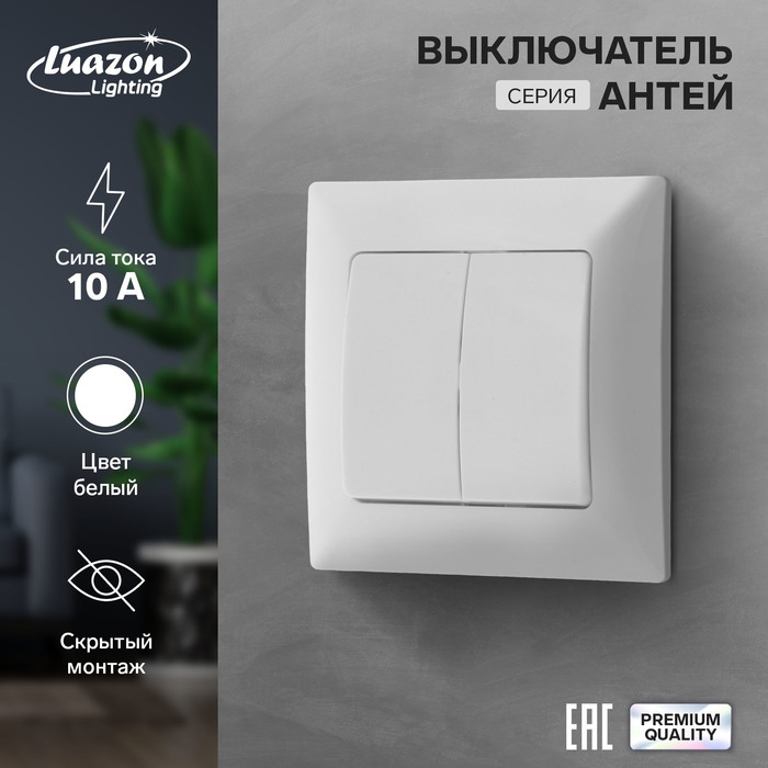 

Выключатель Luazon Lighting "Антей", 10 А, 2 клавиши, скрытый, белый