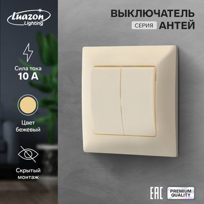 Выключатель Luazon Lighting «Антей», 10 А, 2 клавиши, скрытый монтаж, бежевый