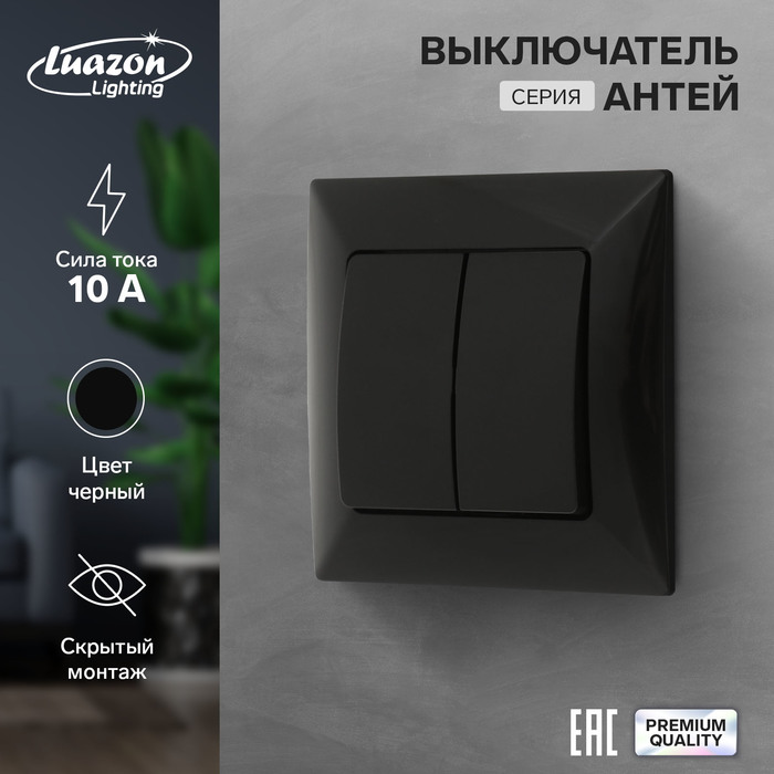 

Выключатель Luazon Lighting "Антей", 10 А, 2 клавиши, скрытый, черный