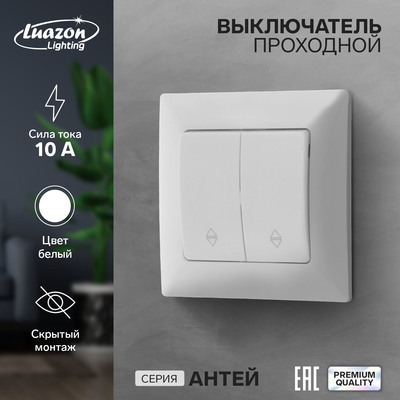 Выключатель проходной Luazon Lighting «Антей», 10 А, 2 клавиши, скрытый монтаж, белый