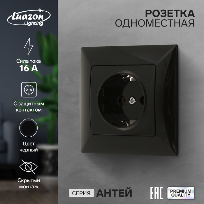 Розетка одноместная Luazon Lighting "Антей", 16 А, скрытая, с з/к, черная - Фото 1