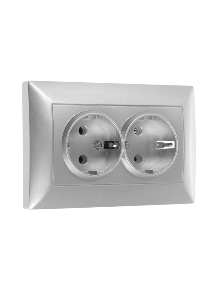 Розетка Luazon Lighting «Антей», 16 А, скрытая, IP20, двухместная, с заземлением, серебристая - Фото 1
