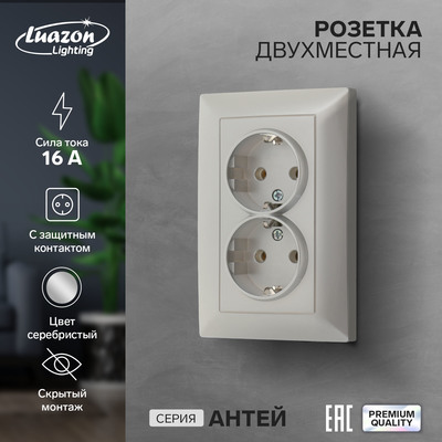 Розетка двухместная Luazon Lighting "Антей", 16 А, скрытая, с з/к, серебристая
