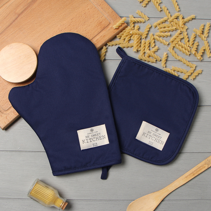 Кухонный набор «Этель» Kitchen: варежка-прихватка 20×28 см, прихватка 19×19 см,100% хлопок, синий - Фото 1