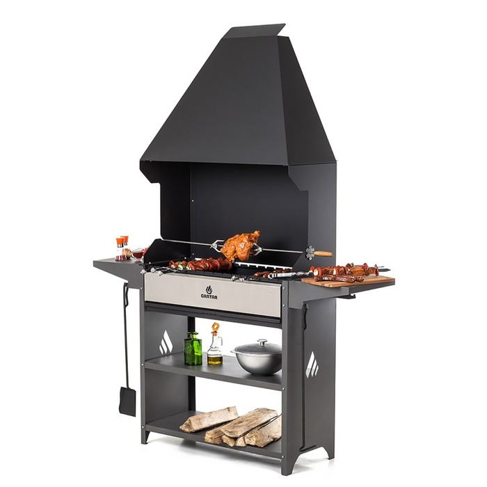 Мангал Professional Optima Zont POZ 3000, 158.2×41.2×207.9 см, 3 мм, с крышей, боковые полки - Фото 1