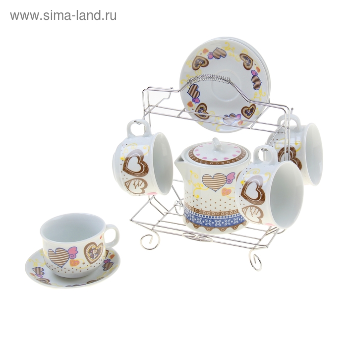 Сервиз чайный 9 предметов на подставке "Озорница" (чайник 500мл, чашки 150мл) , цвета МИКС - Фото 1