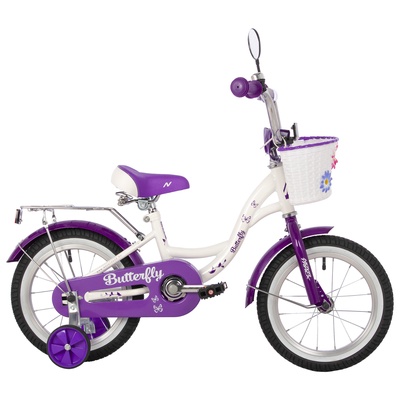 Велосипед детский Novatrack BUTTERFLY, диаметр колёс 14", со съёмными колёсами, с корзиной, фиолетовый