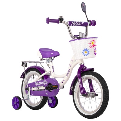 Велосипед детский Novatrack BUTTERFLY, диаметр колёс 14", со съёмными колёсами, с корзиной, фиолетовый