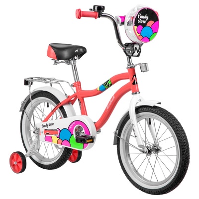 Велосипед детский Novatrack CANDY, диаметр колёс 16", со съёмными колёсами, с сумкой, коралловый