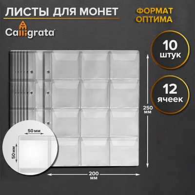 Набор листов для монет, формат "Оптима", 10 листов 200 х 250 мм, на 12 ячеек 50 х 50 мм