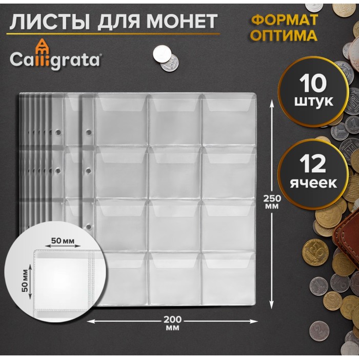 Набор листов для монет, формат "Оптима", 10 листов 200 х 250 мм, на 12 ячеек 50 х 50 мм - Фото 1