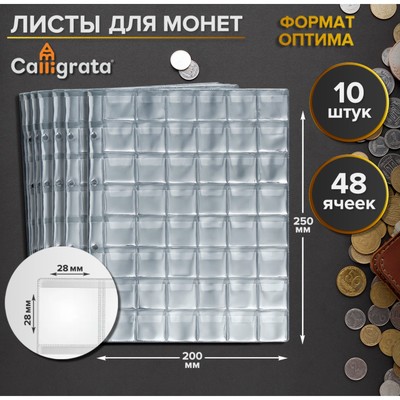 Набор листов для монет, формат "Оптима", 10 листов 200 х 250 мм, на 48 ячеек 28 х 28 мм