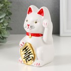 Копилка керамика "Белый кот Манэки-нэко с колокольчиком" 8х7,5х13 см - фото 9075277