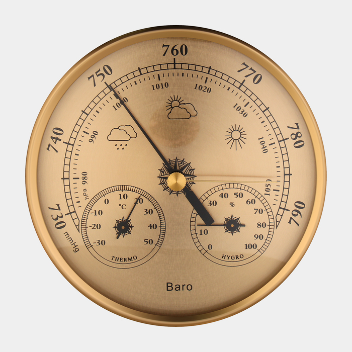 Барометр механический, метеостанция, настенный, золотая рамка, d = 13 см - фото 1903679697