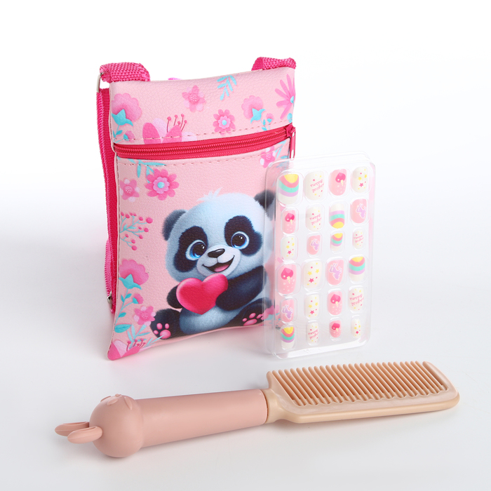 Детский подарочный набор "Панда с сердцем": сумка + накладные ногти+расческа