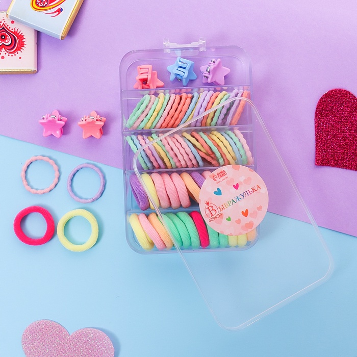 Набор для волос «Непоседа», 69 шт., резинки, крабики, звёздочка полоски, МИКС - Фото 1