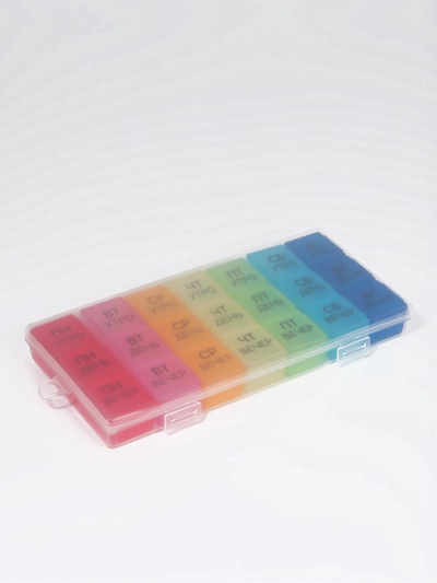 Таблетница-органайзер «Неделька», съёмные ячейки, утро/день/вечер, 19,2 × 8,5 × 2,1 см, 7 контейнеров по 3 секции, разноцветная