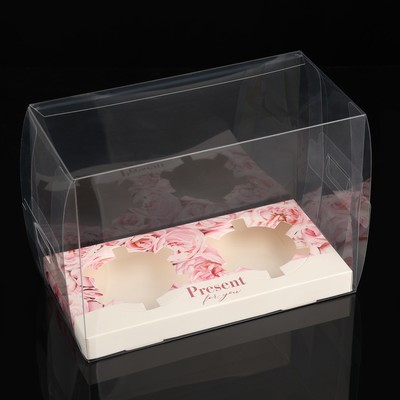 Коробка для капкейка, кондитерская упаковка, 2 ячейки «Розовые цветы», 16 х 8 х 11.5 см