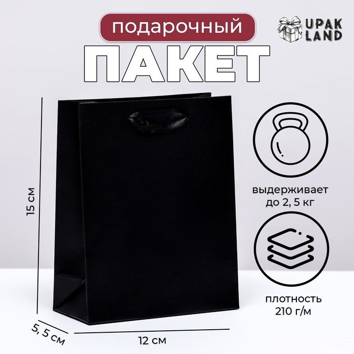 Пакет подарочный ламинированный «Чёрный», S 12×15×5.5 см - Фото 1