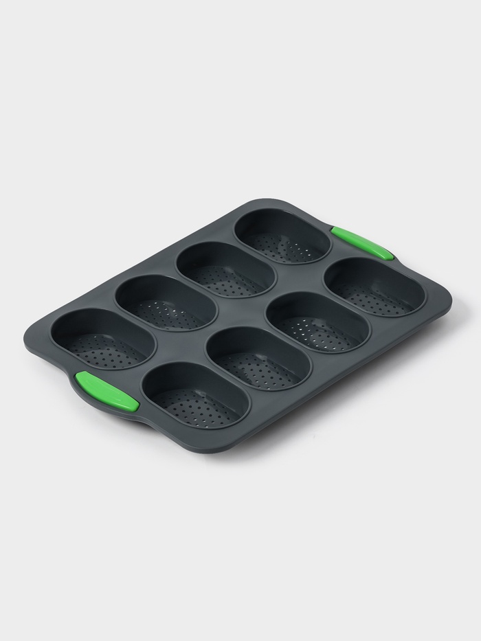 Форма для выпечки с перфорацией «Булочки», силикон, 34.5×23×2.5 см, 8 ячеек (9.5×6.3×2.4 см), чёрная - Фото 1