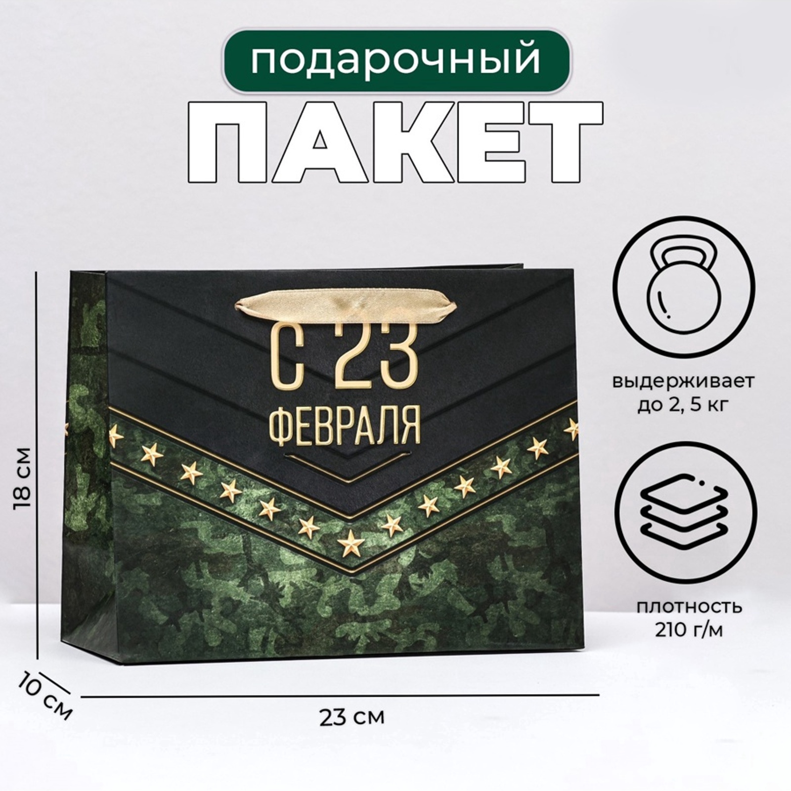 Пакет ламинированный горизонтальный "С 23 февраля!", 23 х 18 х 10 см ...
