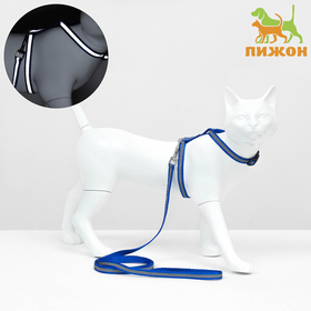 Комплект для кошек светоотражающий,ширина 1 см,шлейка 21-35 см,поводок 120 см, синий