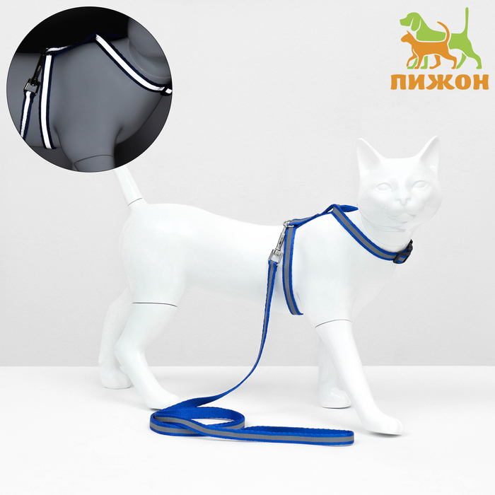 Комплект для кошек светоотражающий,ширина 1 см,шлейка 21-35 см,поводок 120 см, синий - Фото 1