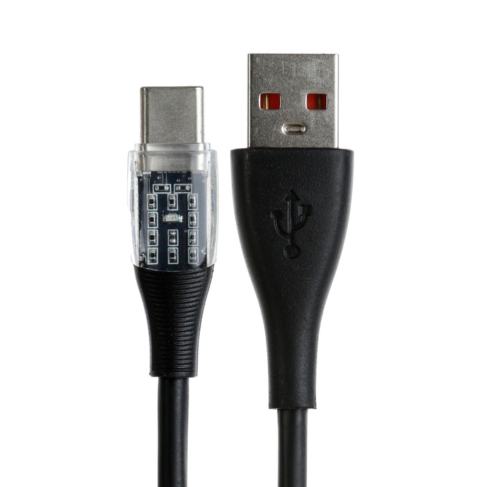 Кабель, 3 А, Type-C - USB, прозрачный, TPE оплётка, 1 м, чёрный - фото 1927027739