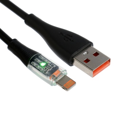 Кабель, 3 А, Lightning  - USB, прозрачный, TPE оплётка, 1 м, чёрный