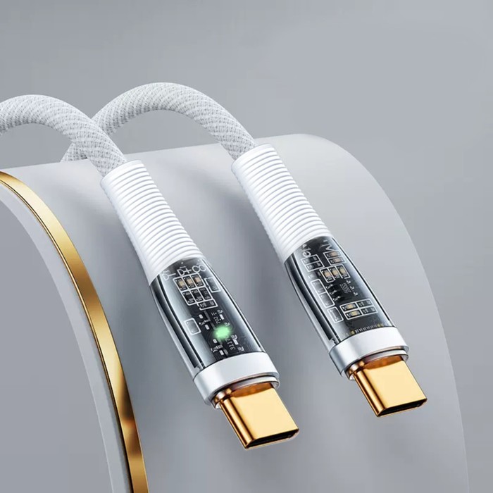 

Кабель, 3 А, Type-C - Type-C, 66 W, прозрачный, TPE оплётка, 1 м, белый