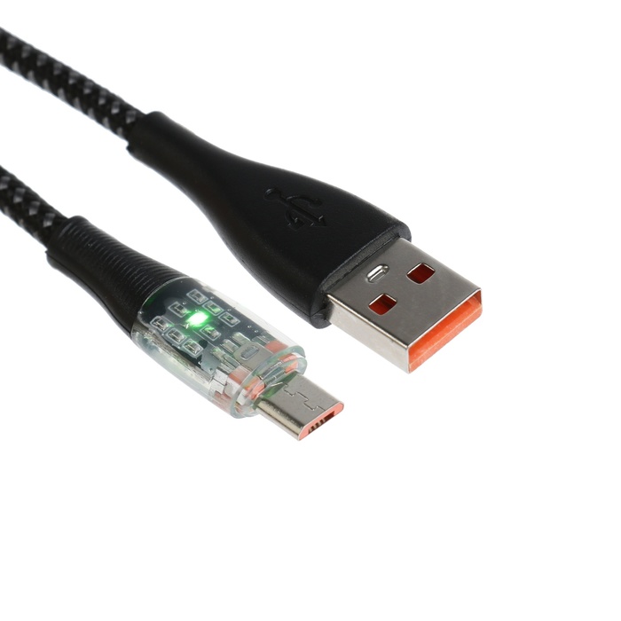 Кабель, 2 А, MicroUSB  - USB, прозрачный, оплётка нейлон, 1 м, чёрный