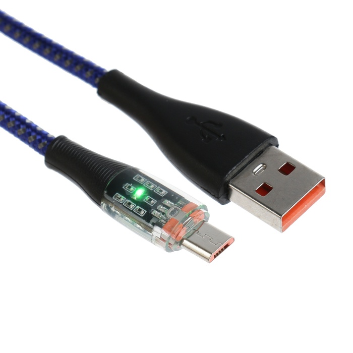 Кабель, 2 А, MicroUSB  - USB, прозрачный, оплётка нейлон, 1 м, синий