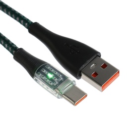 Кабель, 3 А, Type-C  - USB, прозрачный, оплётка нейлон, 1 м, зелёный