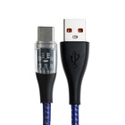 Кабель, 3 А, Type-C  - USB, прозрачный, оплётка нейлон, 1 м, синий - фото 9183907