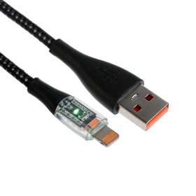 Кабель, 2 А, Lightning  - USB, прозрачный, оплётка нейлон, 1 м, чёрный